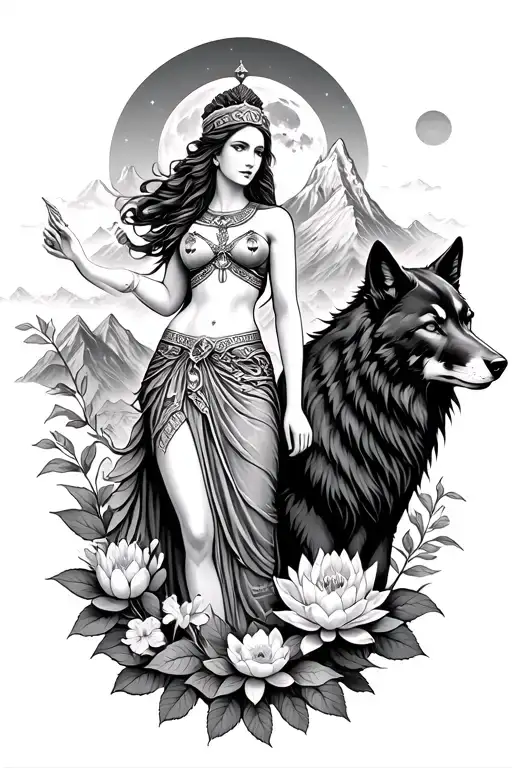 sexy Athena goddess surrounded by poeny and lotus flowers growing with a black wolf in a mountain range with a moon