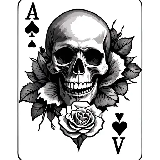 playing card: ace of hearts with a skull in the middle with a single rose in the mouth