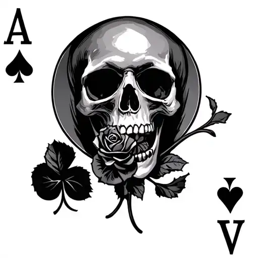 playing card: ace of hearts with a skull in the middle with a single rose in the mouth - Variation 2