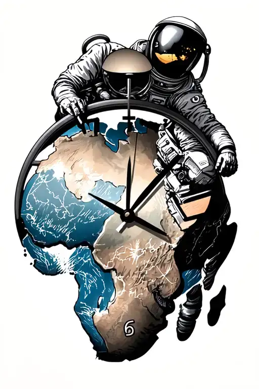 clock face with africa map on the face and a astronaut trying to hold on to the clock