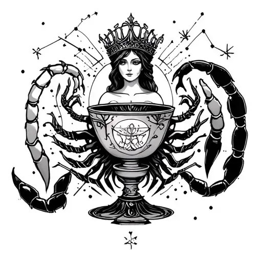 Queen of Cups surrounded by Scorpio constellation - Variation 2