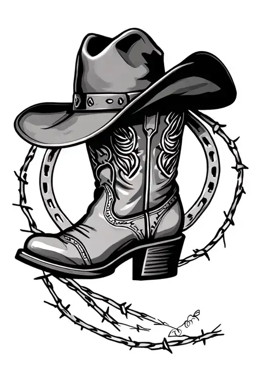 horseshoe cowboy boot,hat and barbwire vines