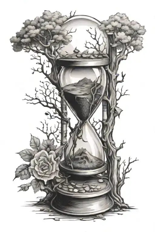 defoliated tree and broken sandless hourglass filled