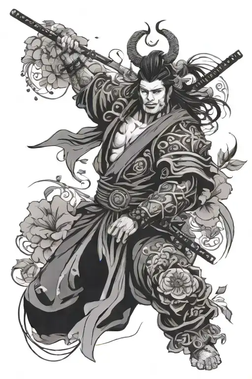 blackwork, trash polka and abstract style, full arm, floral designs, but many, Japan samurai culture. - Variation 3