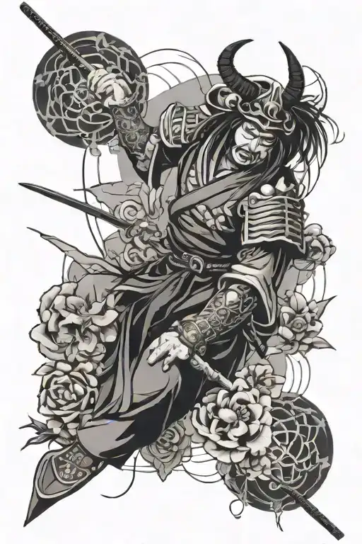 blackwork, trash polka and abstract style, full arm, floral designs, but many, Japan samurai culture. - Variation 4