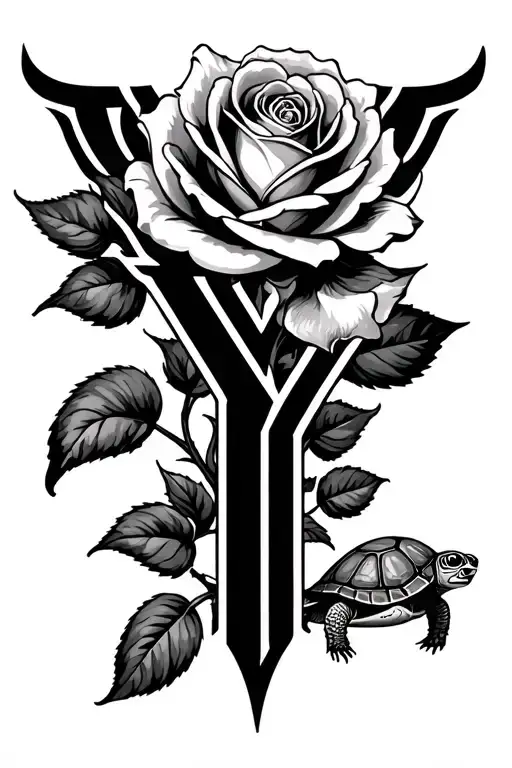 The letter Y, a rose on the left and a smaler turtle in the background on the right