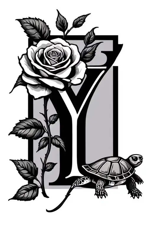 The letter Y, a rose on the left and a smaler turtle in the background on the right - Variation 2