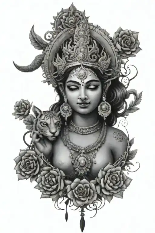 Hindu mythology inspired tattoo focuses on Durga matha on the left forearm