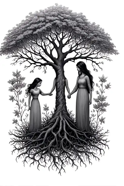 The girl, her mother and her grandmother hold hands and grow roots, turning into a tree