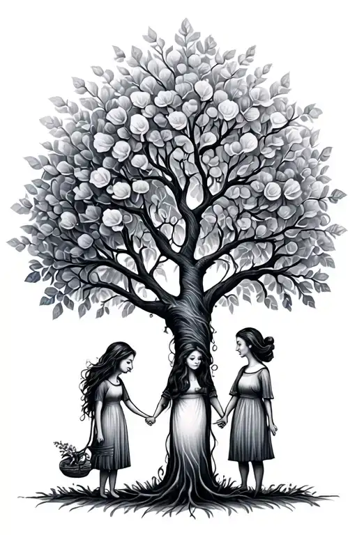 The girl, her mother and her grandmother hold hands and grow roots, turning into a tree - Variation 2