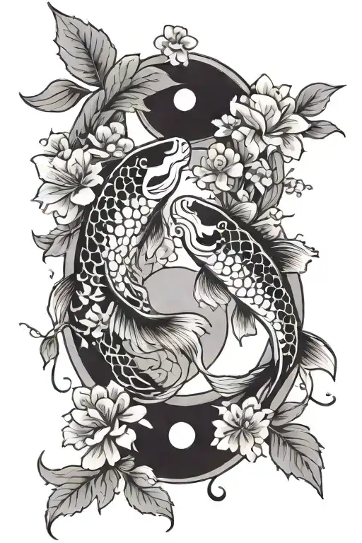Twin Koi Fish ying yang flowers blooming cherry blossom - Variation 2