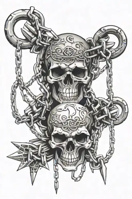 Handle with three chains, at the ends of a chains skulls with spikes