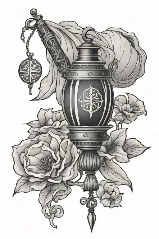 esoteric Chinese lantern, parchment scroll, ribbon with Latin inscription and sword. - Variation 2