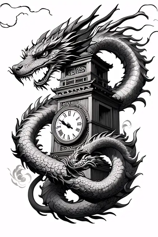 Japanese dragon surrounding a clock tower - Variation 2