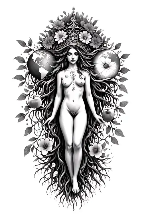 spiritual Woman standing on roots flowers growing out of head om crown with multiple arms 1 holding world and 1 apple &