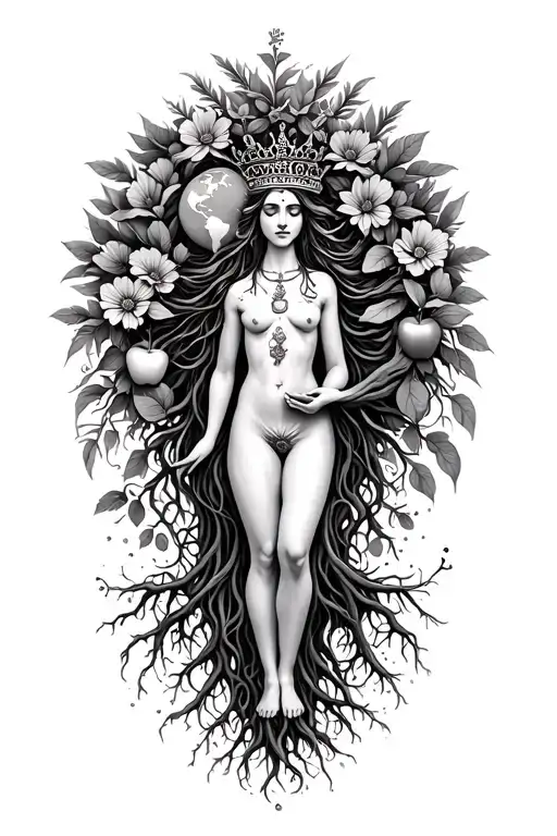 spiritual Woman standing on roots flowers growing out of head om crown with multiple arms 1 holding world and 1 apple & - Variation 2