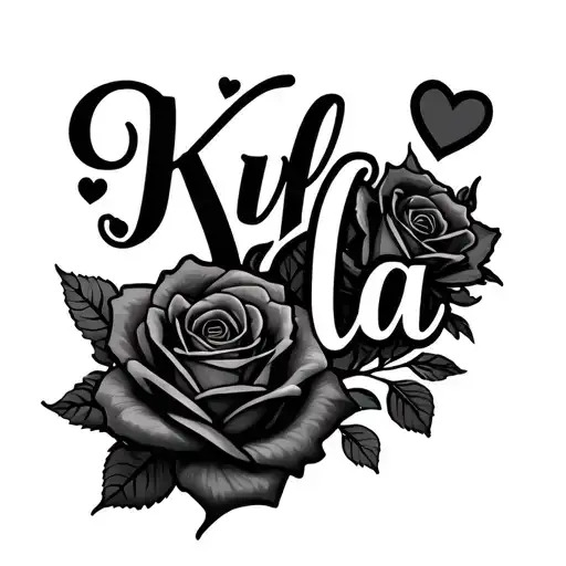 Create an artistic tattoo of the name "Kyla" with roses and hearts
