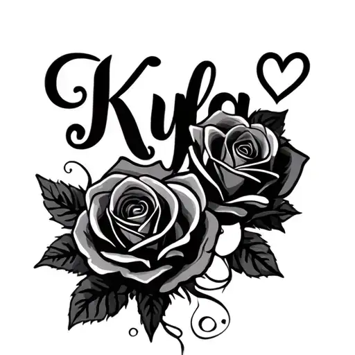 Create an artistic tattoo of the name "Kyla" with roses and hearts - Variation 2