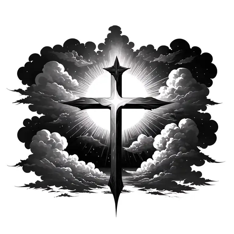 grand cross in clouds with sun rays