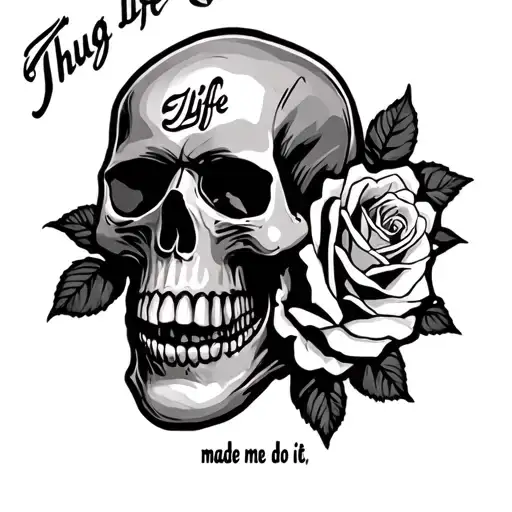 Skull and roses, Thug life made me do it text under it made with comic sans