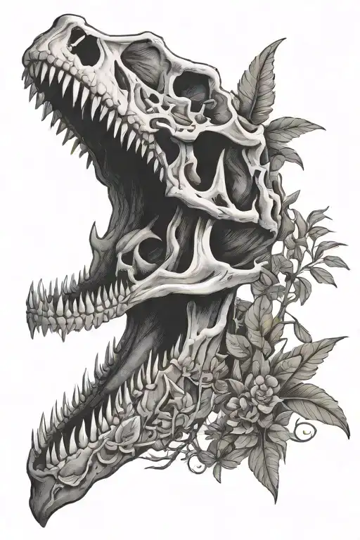 Dinosaur skull with plants growing