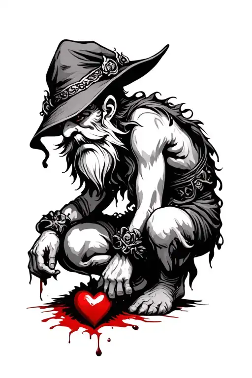Evil Redcap Gnome Kneeling over a Bloody heart - Variation 6