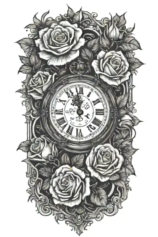 A vintage clock with roses growing underneath  
