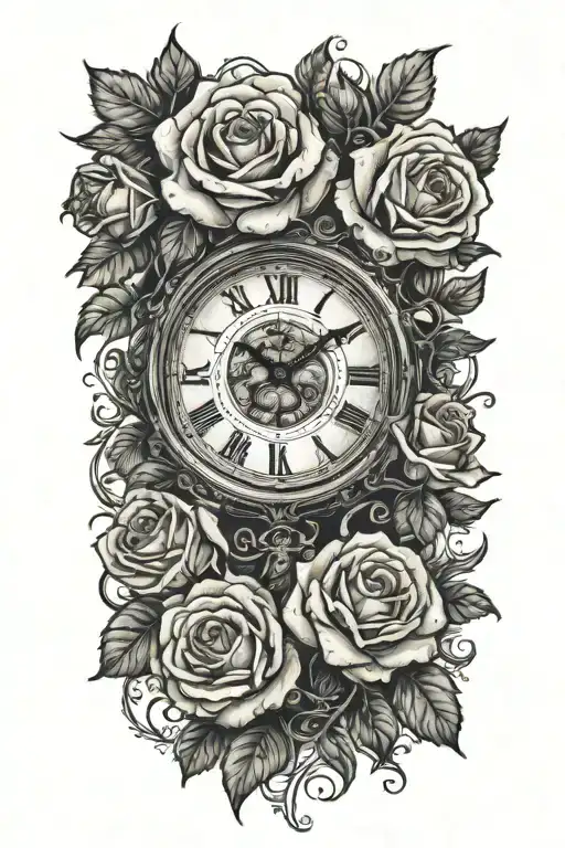 A vintage clock with roses growing underneath - Variation 2