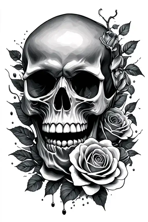 skull, water waves, roses