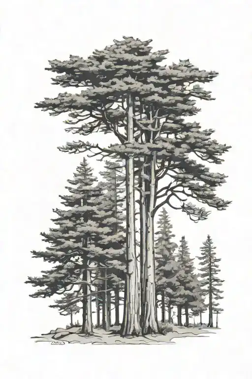 three trees in a row that are all similar heights - a Redwood, a coastal Monterey Cypress, and a White Spruce