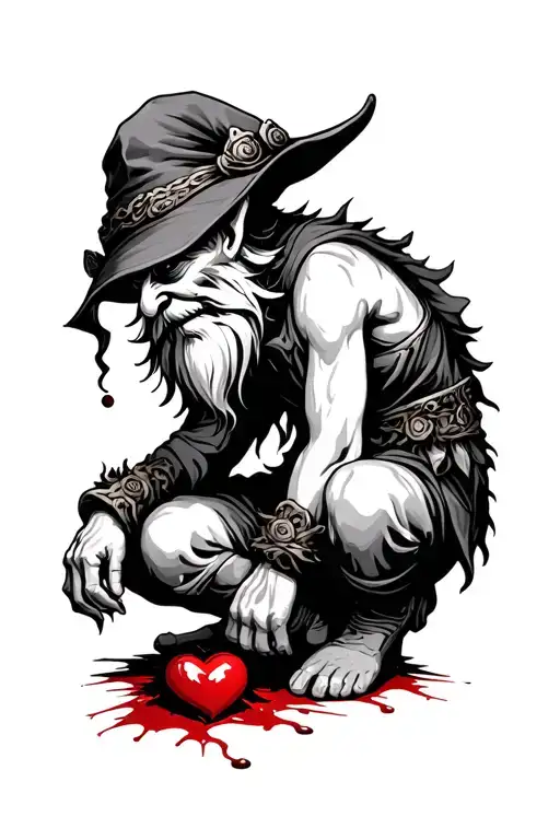 Evil Redcap Gnome Kneeling over a Bloody heart - Variation 3