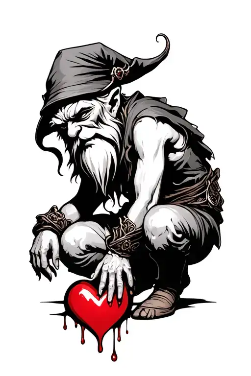 Evil Redcap Gnome Kneeling over a Bloody heart - Variation 4