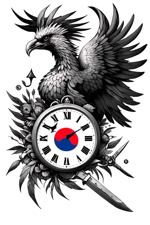- Phoenix- bullets- knives- craftsmanship/bushcraft- half clock with korean flag symbols as the timing