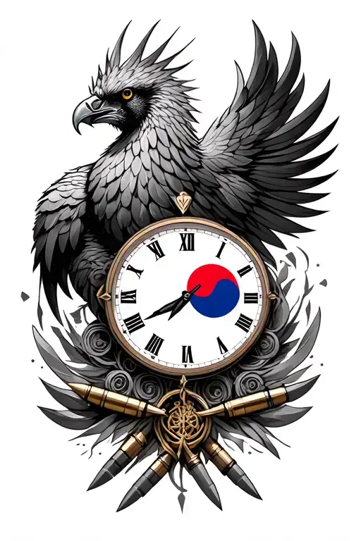 - Phoenix- bullets- knives- craftsmanship/bushcraft- half clock with korean flag symbols as the timing - Variation 2