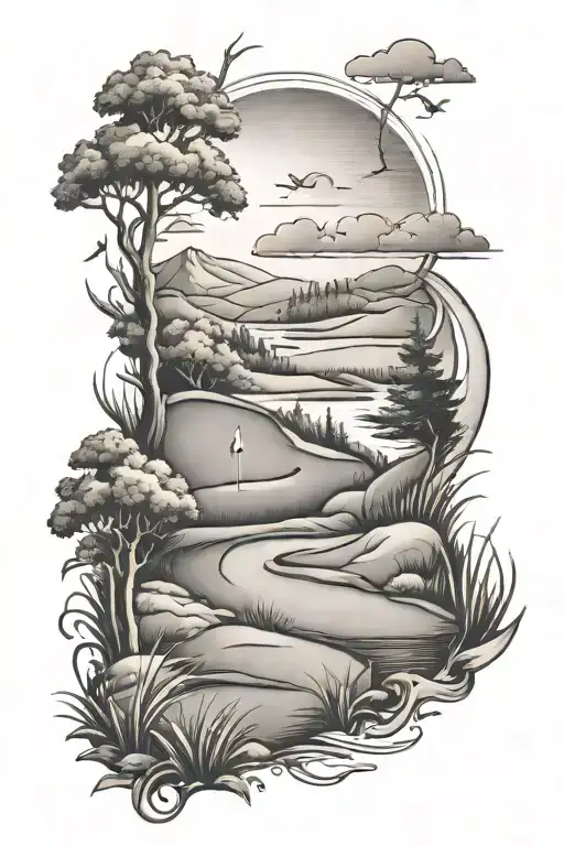 Golf landscape tattoo design featuring