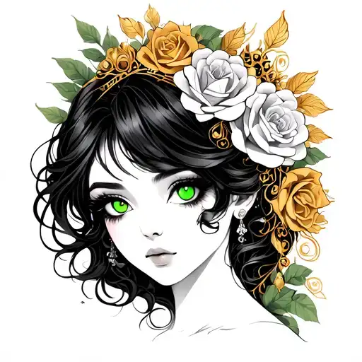 Stylized neo traditional green eyed mysterious woman with flowing blackhair, golden headpiece, and roses intertwine - Variation 2