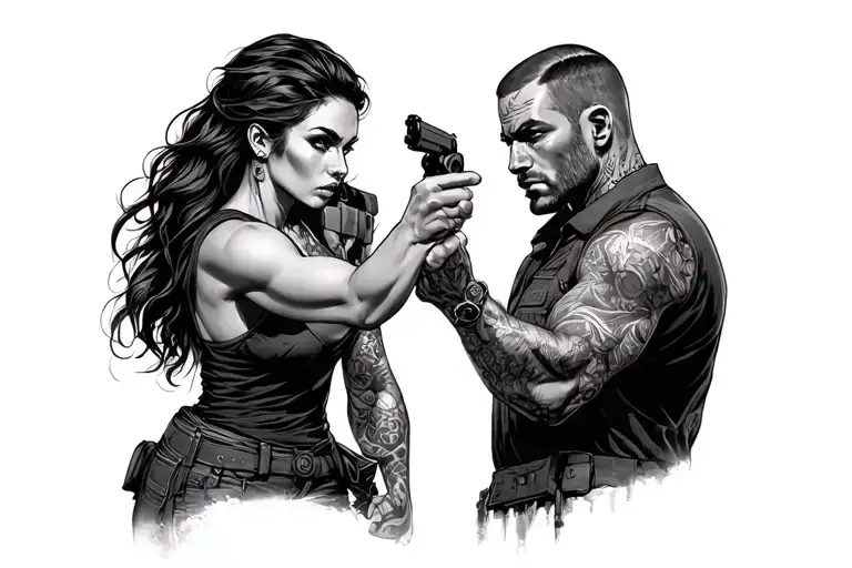 woman pointing gun at man with gun