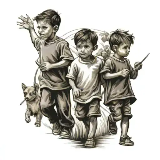 Make a tattoo of 3 adult male friends walking side by side and in their shadows 3 little children are formed who - Variation 4