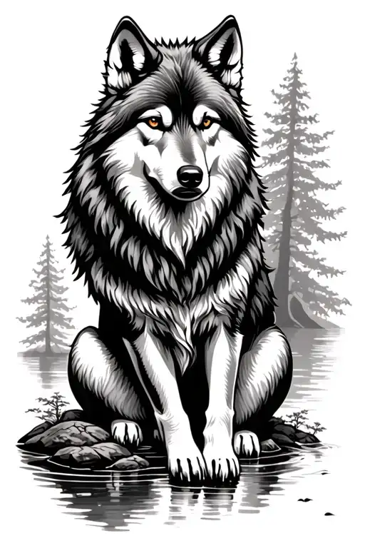 Sitting Wolf in the forest near the river - Variation 3