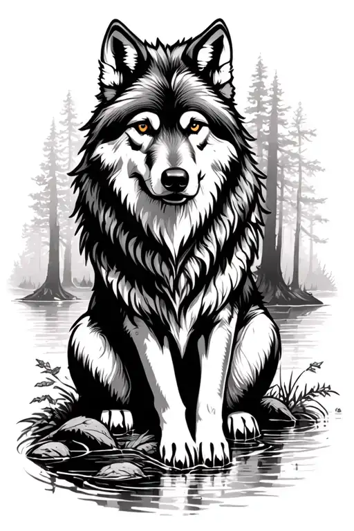 Sitting Wolf in the forest near the river - Variation 4