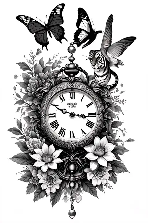 a clock , with a rosary, two butterflies, a tiger, some birds, and flowers as a sleeve tattoo