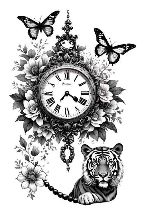 a clock , with a rosary, two butterflies, a tiger, some birds, and flowers as a sleeve tattoo - Variation 2
