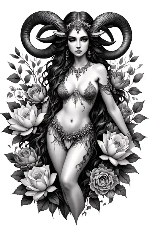 Aries sexy goddess surrounded by lotus and roses flowers growing intertwining