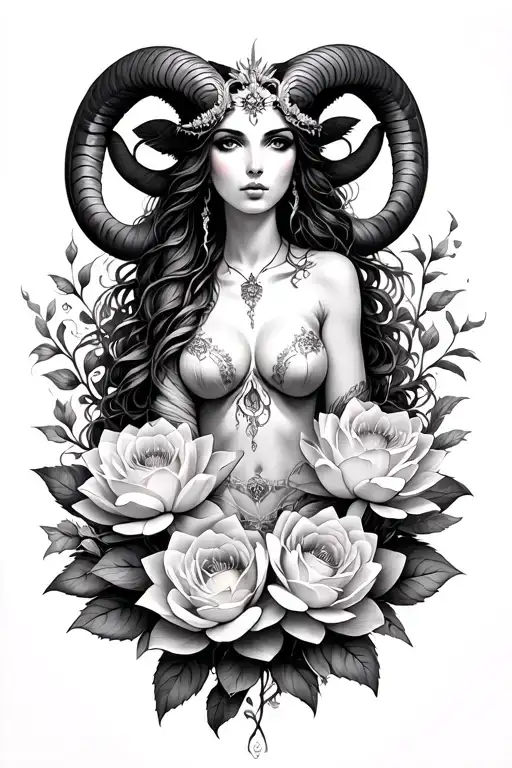 Aries sexy goddess surrounded by lotus and roses flowers growing intertwining - Variation 2