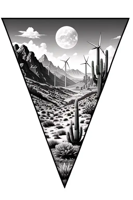 3 sperate triangles put images of desert mountains with many windmills on the mountains and cactus - Variation 4