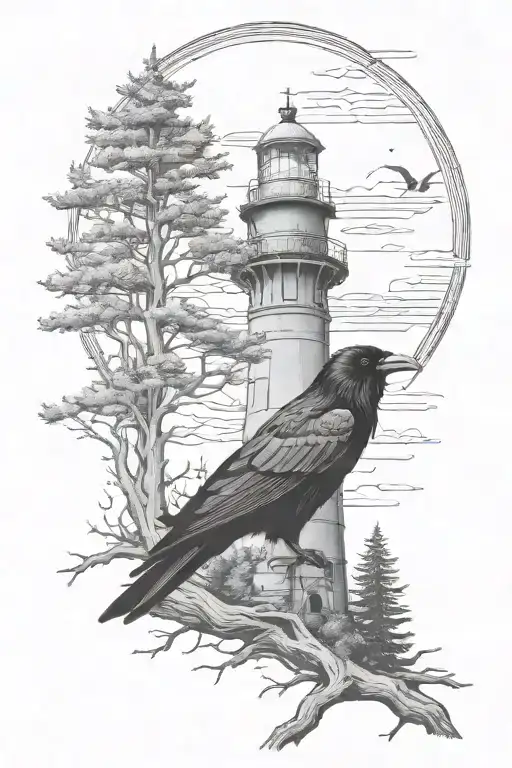 raven  with spooky lighthouse in the desolate forest