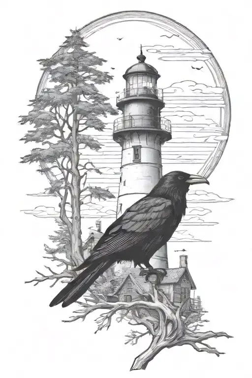 raven with spooky lighthouse in the desolate forest - Variation 2