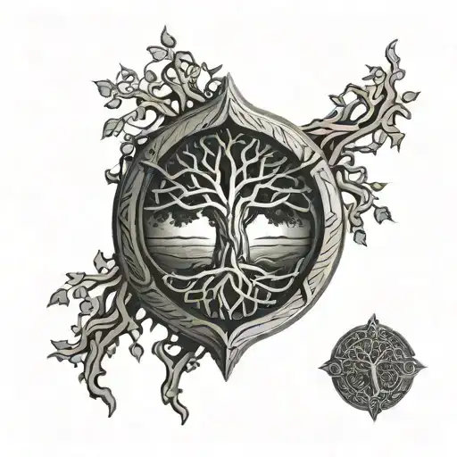 tree of life celtic knot metalic emblem on cracked wooden shield with overgrowth