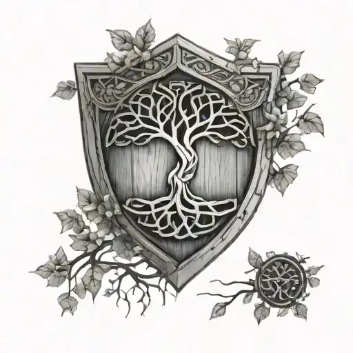 tree of life celtic knot metalic emblem on cracked wooden shield with overgrowth - Variation 2