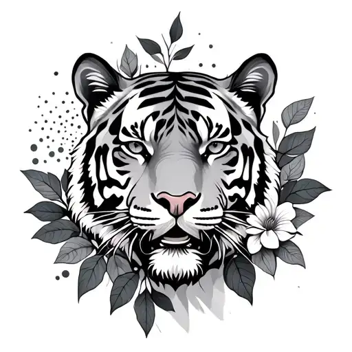 a tiger's head with leaves and flowers in front of it and dots behind it